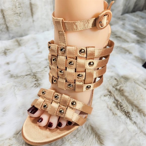 ☆ Mack J Gold  Satin Woven Strap Studded High Heel Shoes - Picture 2 of 9